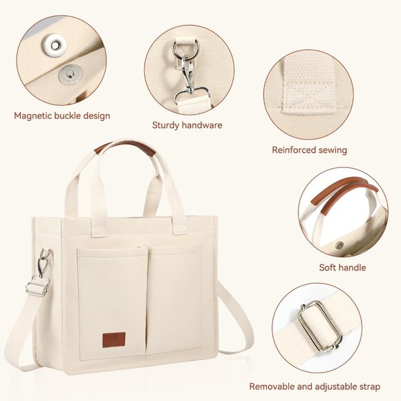 Durable Beige Canvas Tote with Magnetic Closure - Perfect for Laptop & Daily Use - Picture 5 of 6